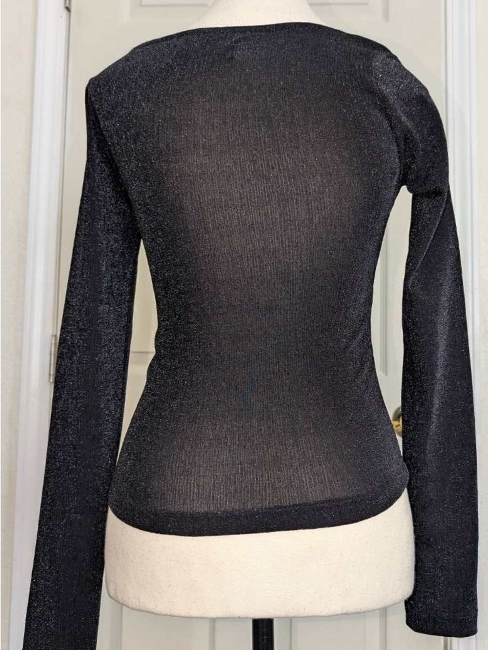 Sheer Black Long-Sleeve Metallic-Thread Top